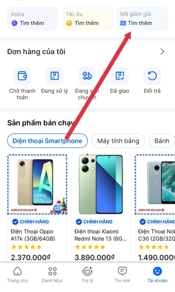 Truy cập danh mục "Mã Giảm Giá"