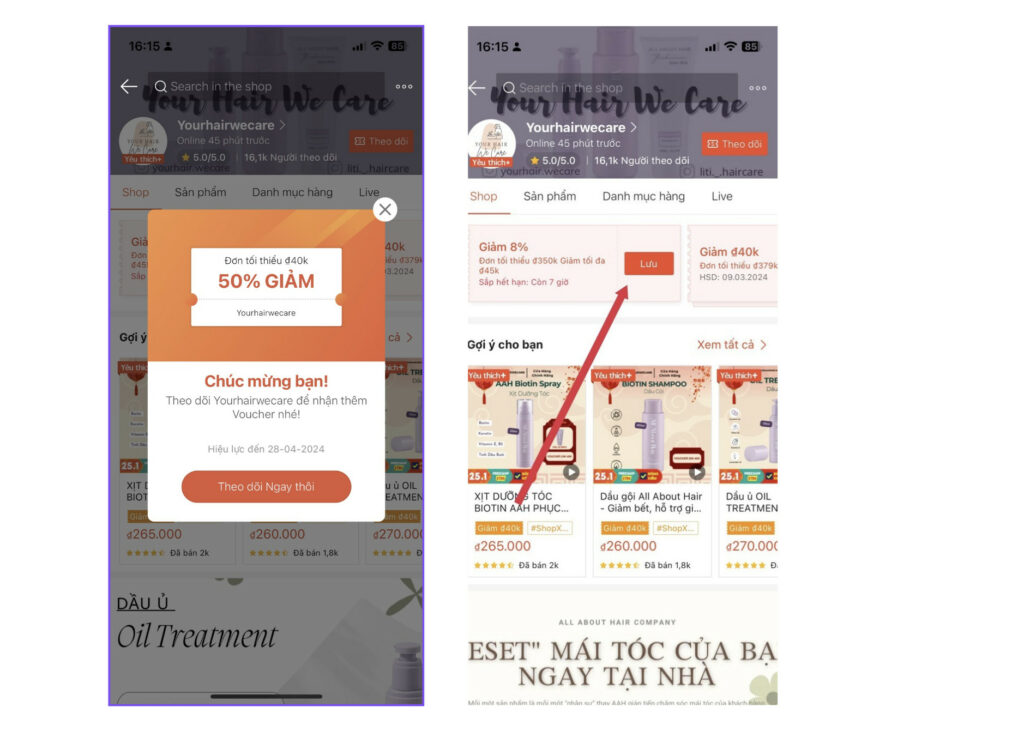 Lấy mã voucher shopee trong Shop