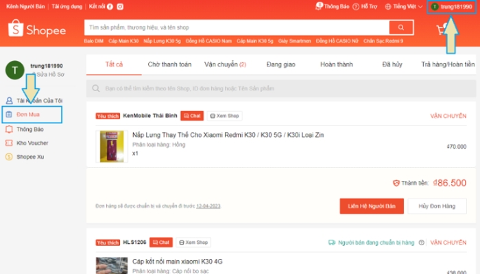 Cách kiểm tra đơn hàng Shopee đang ở đâu trên máy tính