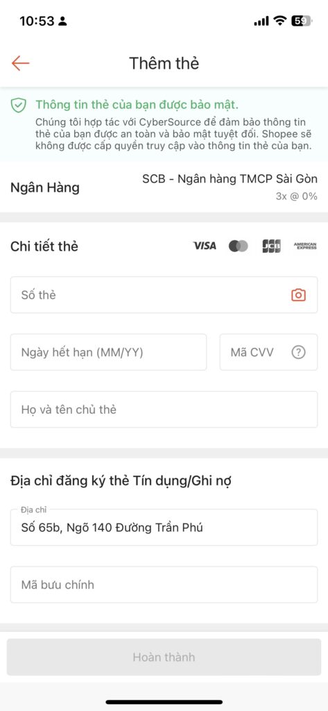 Nhập thông tin thẻ tín dụng