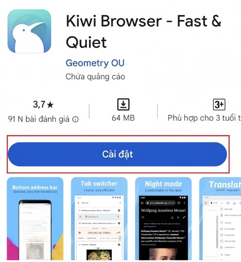 Bạn tải và cài đặt trình duyệt Kiwi Browser 