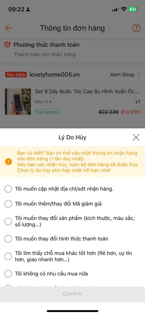 Chọn lý do hủy phù hợp rồi bấm "Đồng ý"