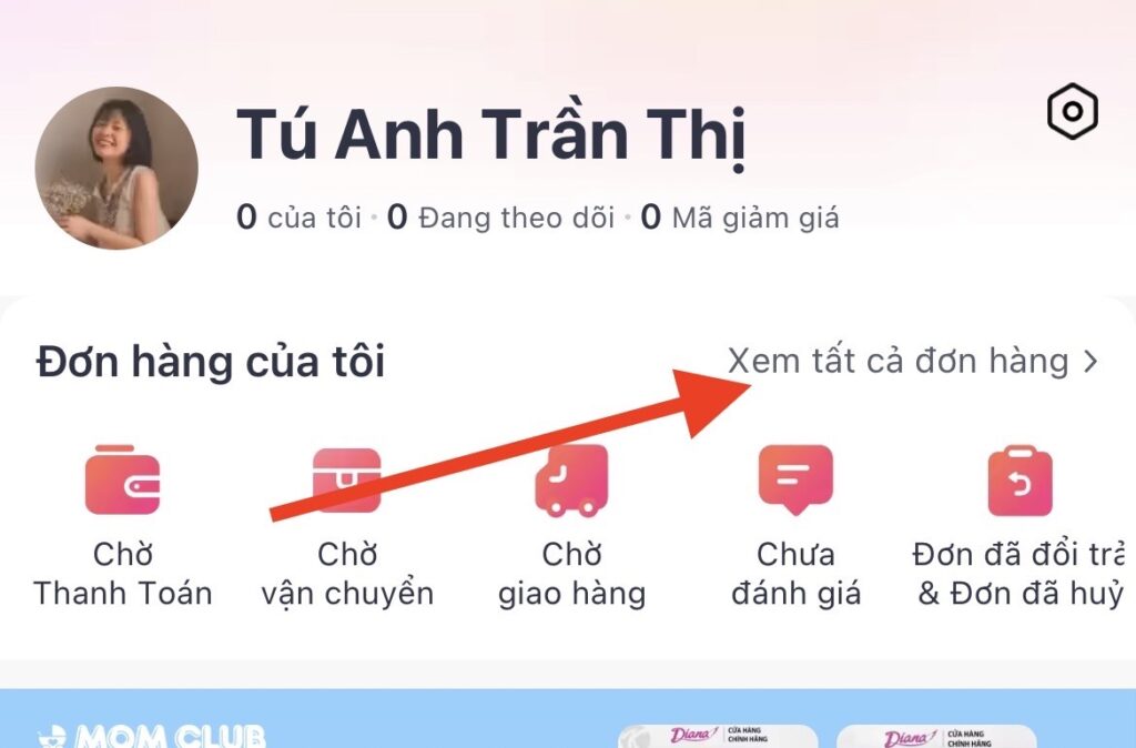 Chọn "Tài khoản" và sau đó chọn "Xem tất cả đơn hàng"