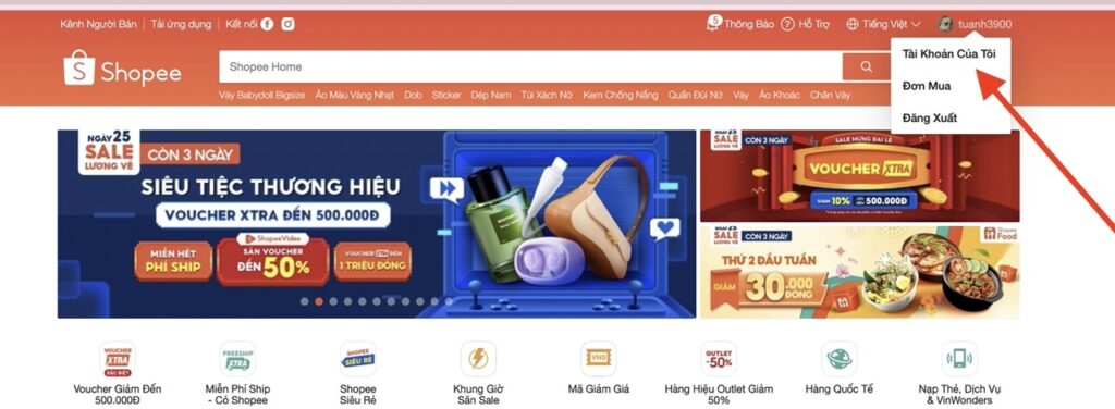 Truy cập  trang chủ Shopee vào mục "Tài khoản của tôi"